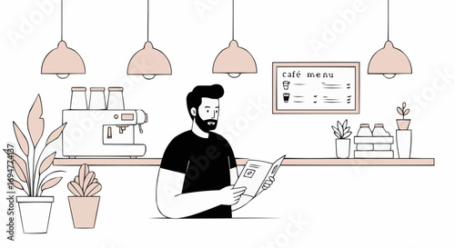 Man reading menu while standing in modern coffee shop interior  