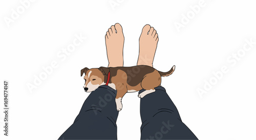 Puppy resting on owner's feet in casual indoor setting  
