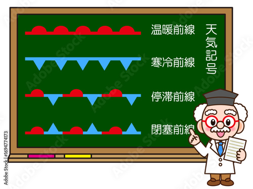 黒板で前線の説明をする博士のイラスト素材