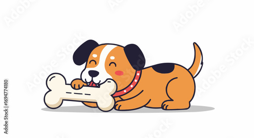 Cartoon dog happily chewing a bone on a white background  