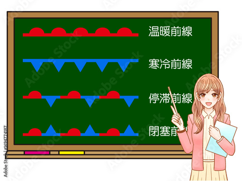 黒板で前線の説明をする女性教師のイラスト素材