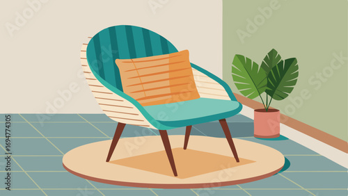 A patio with a handwoven wicker chair complete with a soft cushion for comfortable lounging.