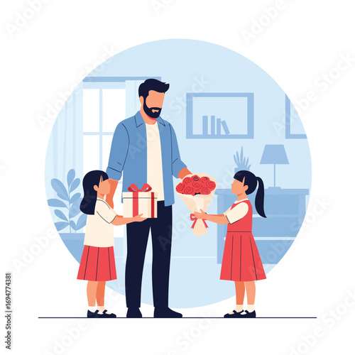 Happy father's day two young daughters giving gifts and flowers to their dad