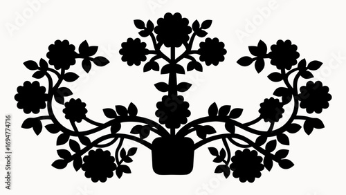 Silhouette of a flower arrangement in a pot with blooming flowers and leaves in a symmetrical design