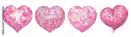 Watercolor set of disco heart-shaped layers. Disco hearts with sparkling pink particles. Retro disco elements for parties and invitations, posters. Vector illustration.