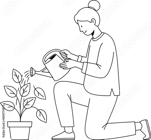 A person gently waters a potted plant, symbolizing care and growth in a simple, clean illustration.