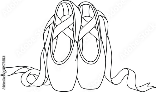 Elegant ballet pointe shoes with satin ribbons on a white background