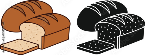 Freshly baked loaves of bread, one sliced, presented in color and silhouette