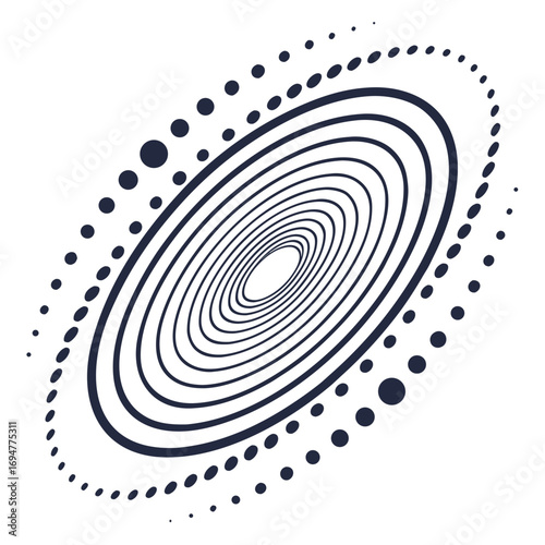 Vector art of abstract swirling vortex of concentric circles and dots, , representing cosmic energy and digital data flow