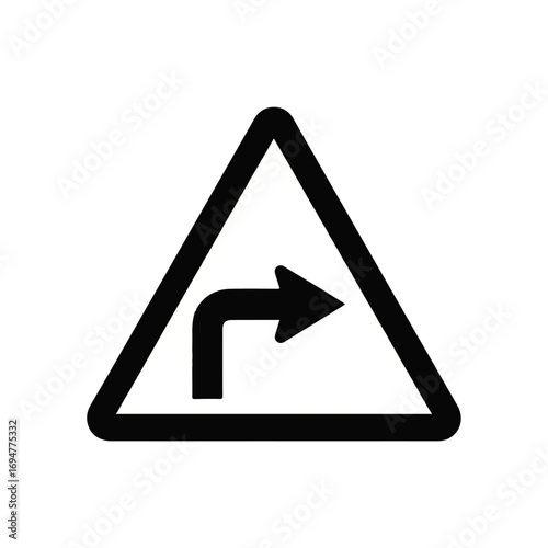 Vector illustration of a sharp right turn ahead warning traffic sign, a minimalist black arrow in a triangle icon on a white background for road safety