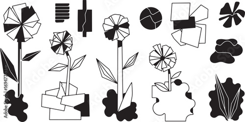 Monochrome vector set of abstract fragmented flowers. Modern geometric botanical illustrations in a minimalist, collage style