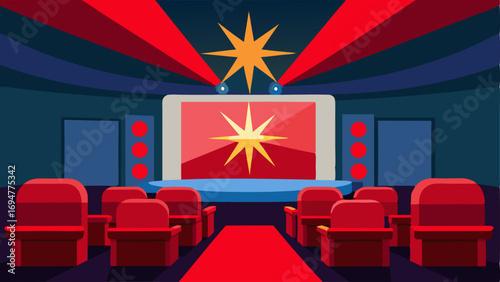 A home theater with a large screen red velvet theater seats and a starburst ceiling light.