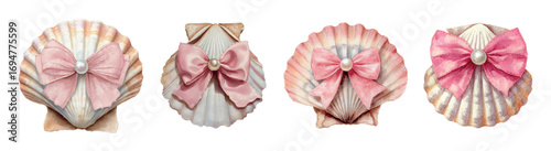 Set of seashells coquette with pink bow watercolor. Watercolor realistic sea closed shells decorated with bow with pearl. Sea elements coquette.
