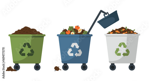Eco-friendly composting: wheelie bins with organic waste and recycle symbol in flat design