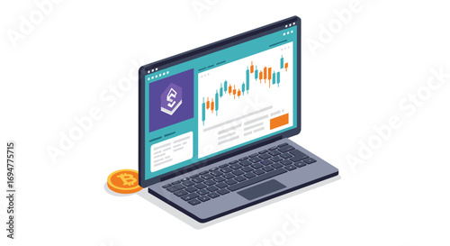 Cryptocurrency trading on laptop screen with bitcoin coin and analytics in isometric style