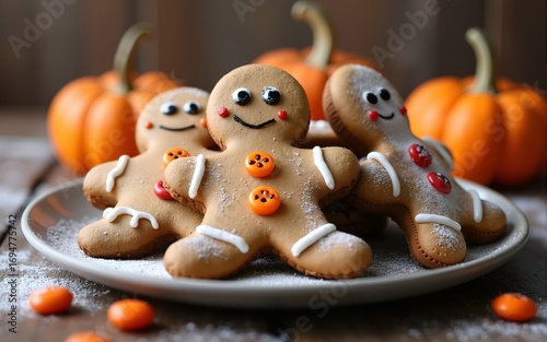 Halloween gingerbread cookies with candies on wooden table. High quality