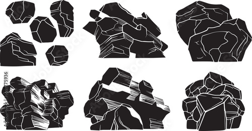 Graphic vector set of various coal chunks and charcoal piles, isolated illustrations representing mineral energy and fossil fuel concepts