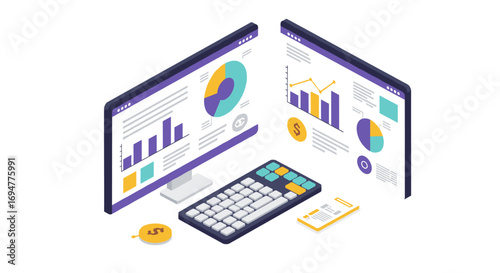 Isometric business analytics with computer screens and keyboard