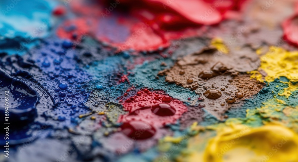 Obraz premium A close-up of vibrant blue red yellow and brown pigments with some wet and dry textures and scattered water droplets on a mixed color surface