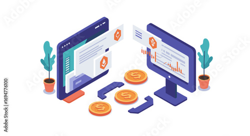 Isometric online money transfer with digital financial interface and coin exchange