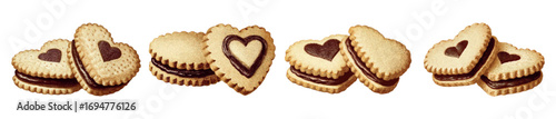 A set of shortbread cookies with chocolate in the shape of a heart. Cookies with chocolate filling and a heart cut out in the center. Sweets for Valentine's Day.