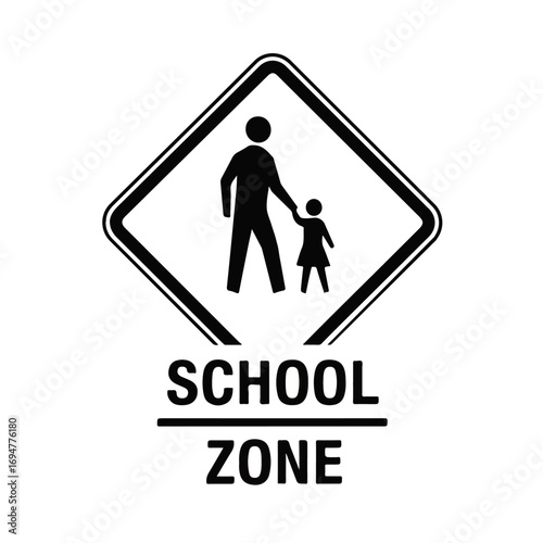 School Zone road safety sign illustration with a parent and child pedestrian symbol. Black and white vector icon for traffic caution and awareness