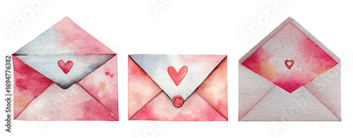 Set of watercolor letters with a heart. Romantic envelopes with letters decorated with a red heart. Valentine's Day clipart. Vector illustration.
