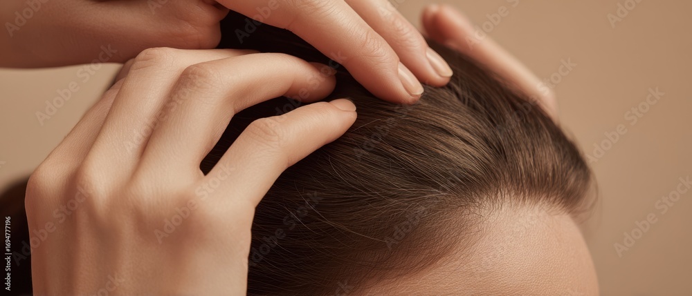 Fototapeta premium The hands adjusting brown hair showcasing scalp care and delicate grooming