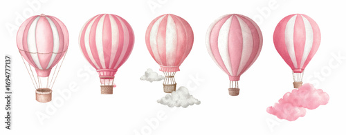 Watercolor hot air balloon set. Watercolor set of pink balloons, with baskets flying among pink clouds. Children's illustrations of a girl in watercolor.