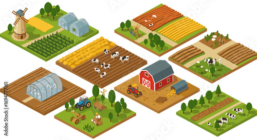 Isometric farm scene with barn, windmill, crops, and livestock