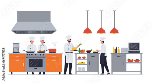 Professional chefs cooking in modern commercial kitchen with equipment and ingredients