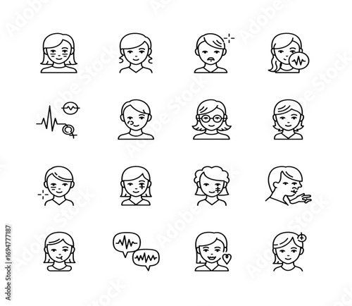 Set of minimalist mental disorder icons, including PTSD, bipolar, and OCD in a continuous line art style for health campaigns.

