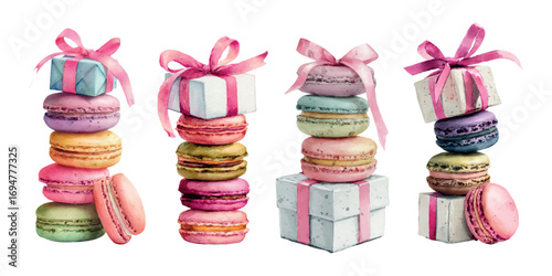 Set of watercolor macaroons with a gift box decorated with a bow. Dessert macaroons arranged in a tower with a gift box wrapped with a ribbon with a bow. Collection of sweet gifts.
