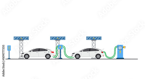 Electric cars charging at modern station with chargers and power indicators on a white background