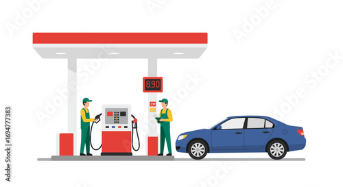 Modern fuel station scene with workers and car in flat design