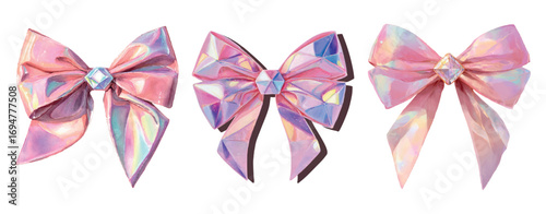 Watercolor set of bows made of metallic ribbon decorated with a shiny stone. Bows of coquette with shiny elements. Cute pink bows with precious stones in the center. Elements of coquette.