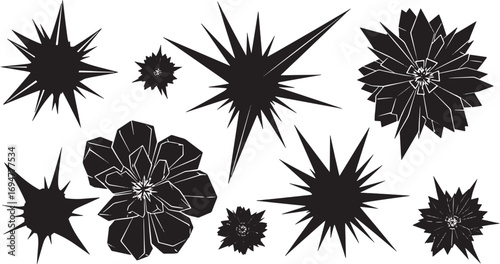 Collection of abstract starburst and floral silhouette designs for graphic creation