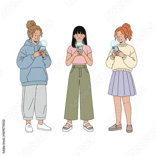 Vector illustration collection of multiethnic female friends laughing and engaging with mobile phones in a casual, colorful style.

