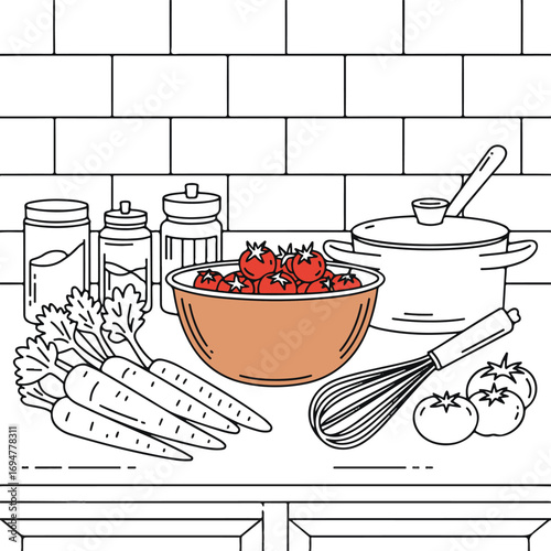 Line Art of Cooking Ingredients on Counter