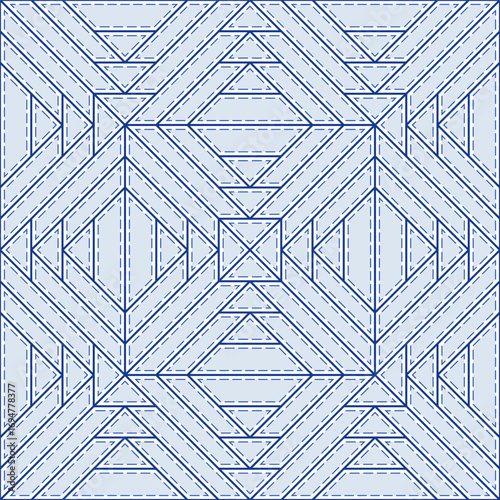 Square seamless geometric pattern of lines. Blue gray pattern. Complex patchwork style background. Grey patches and dark blue finishing stitch