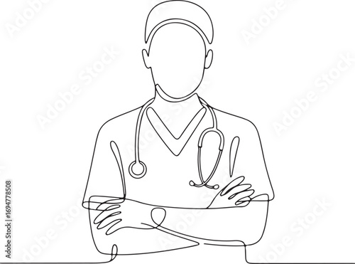 Minimalist single line drawing of a doctor with stethoscope and crossed arms medical healthcare