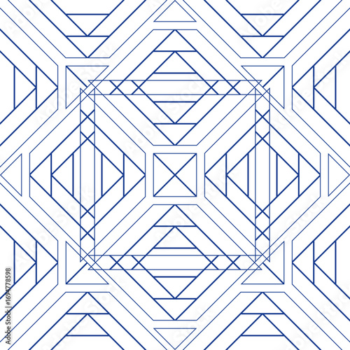 Blue straight intersecting lines on white background. Square complex ornament of repeating lines. Geometric seamless pattern. Clean monochrome background.