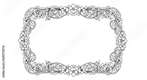 Vintage Floral Vector Frame Decorative Ornament with Intricate Blossom and Leaf Patterns in Elegant Organic Style