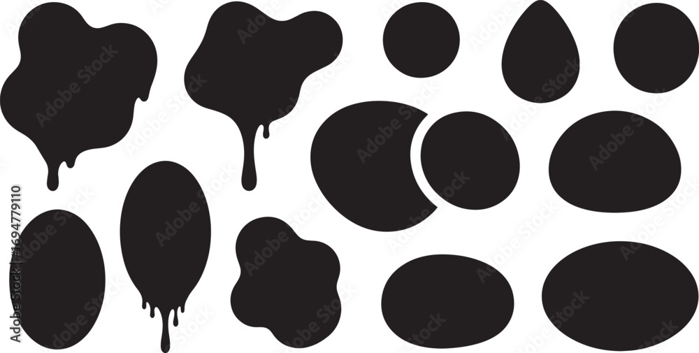 Fototapeta premium Collection of Abstract Black Shapes Dripping, Oval, Round, and Irregular Forms