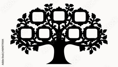 Silhouette of family tree with seven photo frames hanging on branches against white background art design