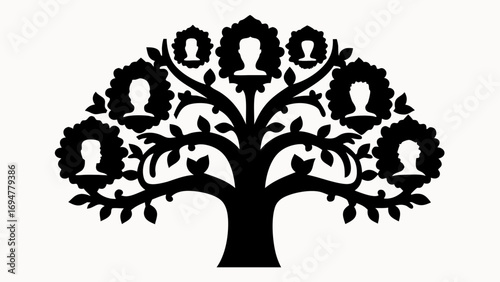 Silhouette of a family tree with portraits displayed in decorative floral frames on a white background
