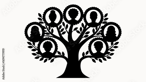 Silhouette of a family tree with portraits of ancestors in ornate frames on a white background art design