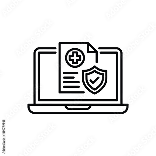 Digital health insurance document with shield and cross icon on laptop
