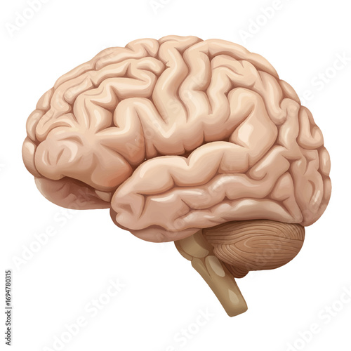 A realistic human brain is depicted in a detailed 2D vector illustration, precisely isolated on a clean, plain white background, perfect for scientific and medical contexts.