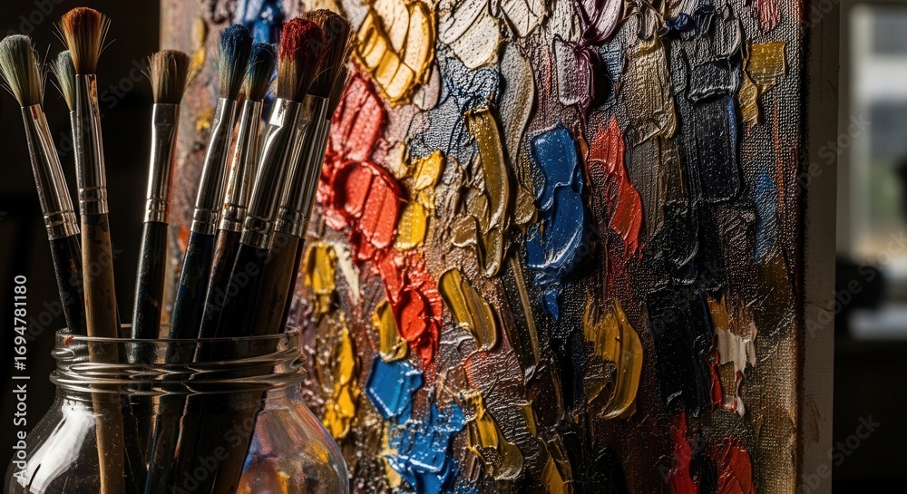 Fototapeta premium An array of paintbrushes in a clear jar stands beside a vibrant textured oil painting showcasing thick impasto strokes of multiple colors on canvas